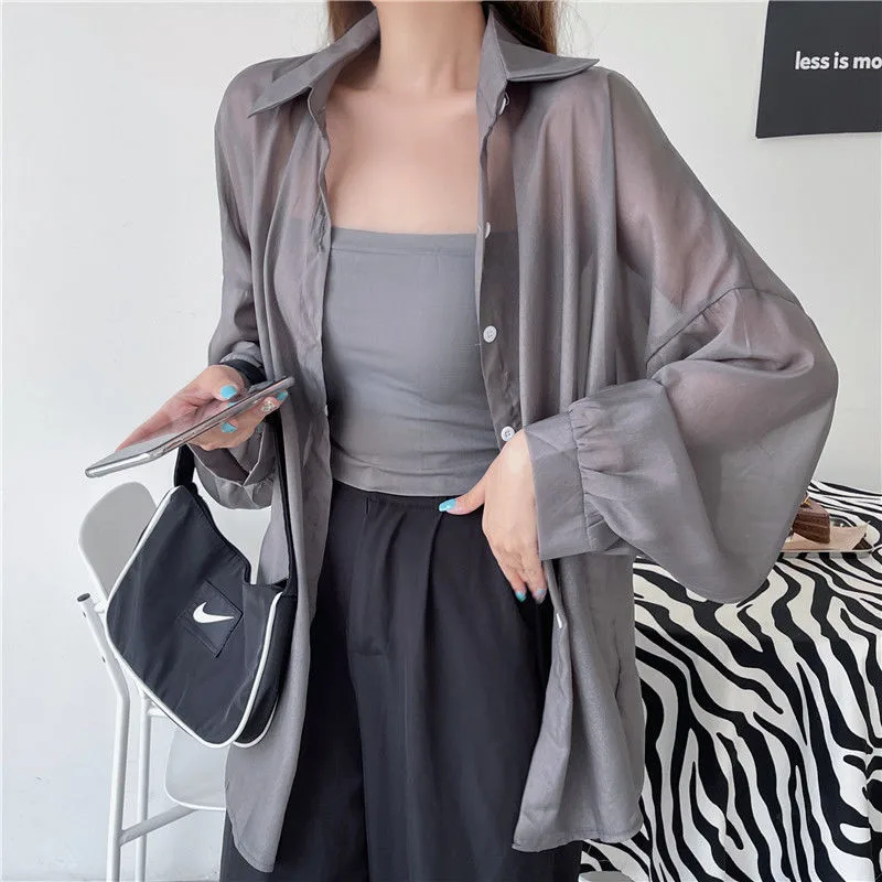 Good Quality Pearlescent Yarn Women's Summer Design Sense Thin Micro-transparent Long-sleeved Coat Sun-protective Shirt Loose Shirt display picture 9