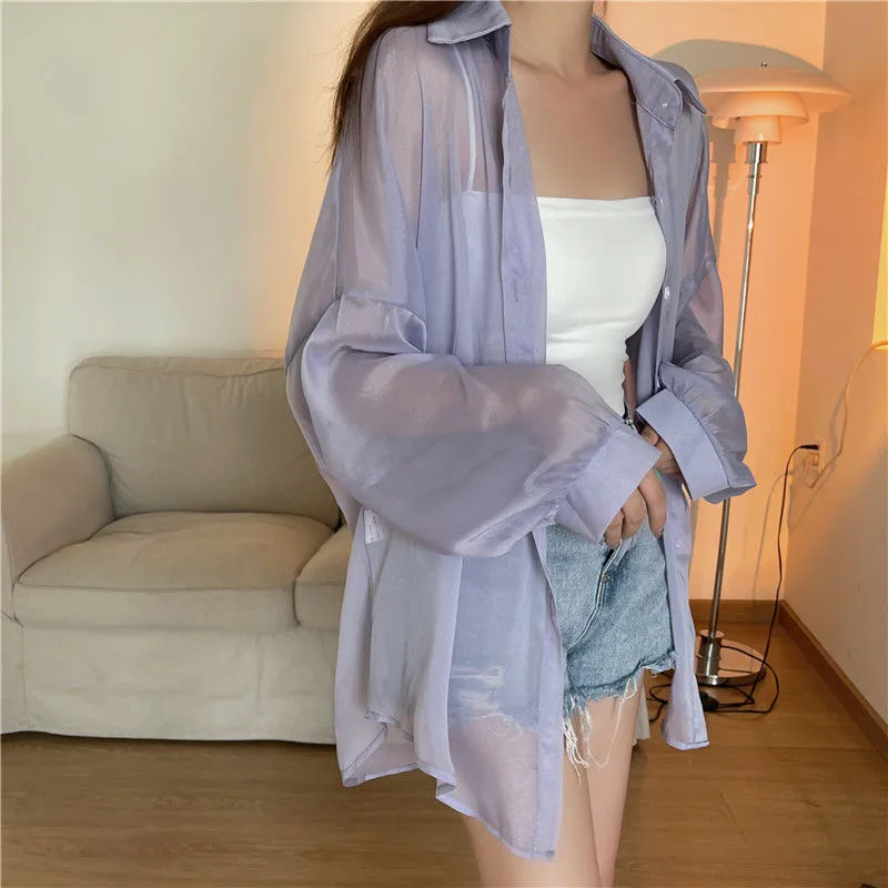 Good Quality Pearlescent Yarn Women's Summer Design Sense Thin Micro-transparent Long-sleeved Coat Sun-protective Shirt Loose Shirt display picture 10