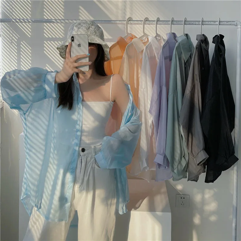 Good Quality Pearlescent Yarn Women's Summer Design Sense Thin Micro-transparent Long-sleeved Coat Sun-protective Shirt Loose Shirt display picture 12