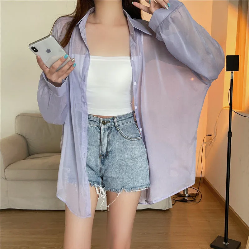 Good Quality Pearlescent Yarn Women's Summer Design Sense Thin Micro-transparent Long-sleeved Coat Sun-protective Shirt Loose Shirt display picture 13