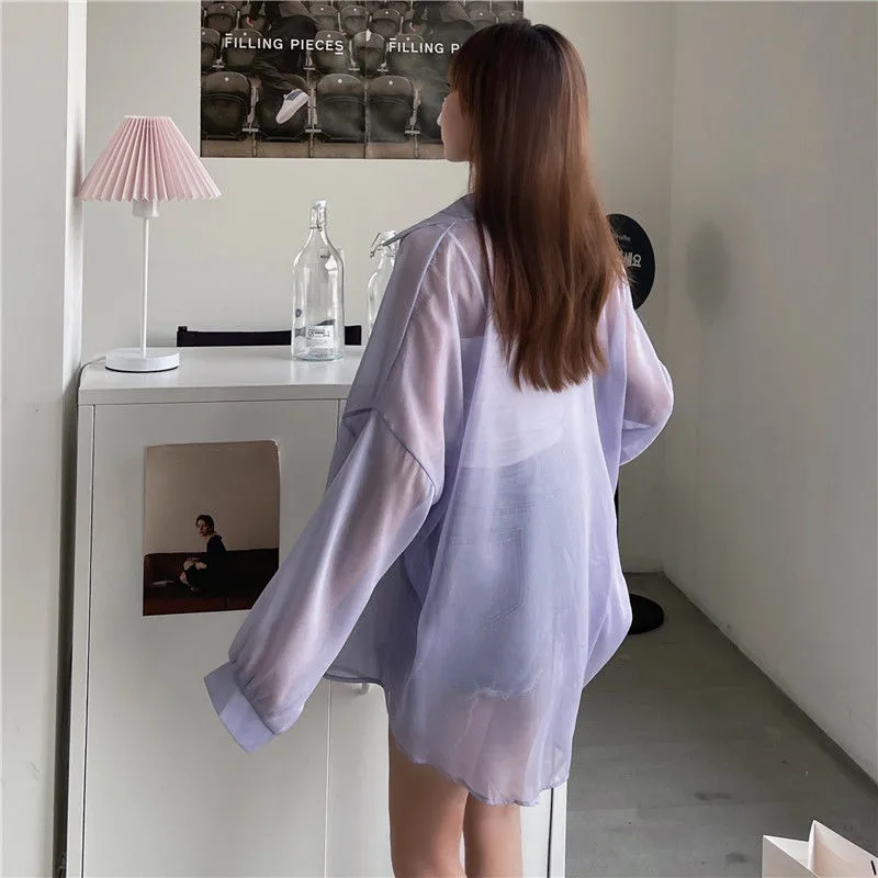 Good Quality Pearlescent Yarn Women's Summer Design Sense Thin Micro-transparent Long-sleeved Coat Sun-protective Shirt Loose Shirt display picture 14
