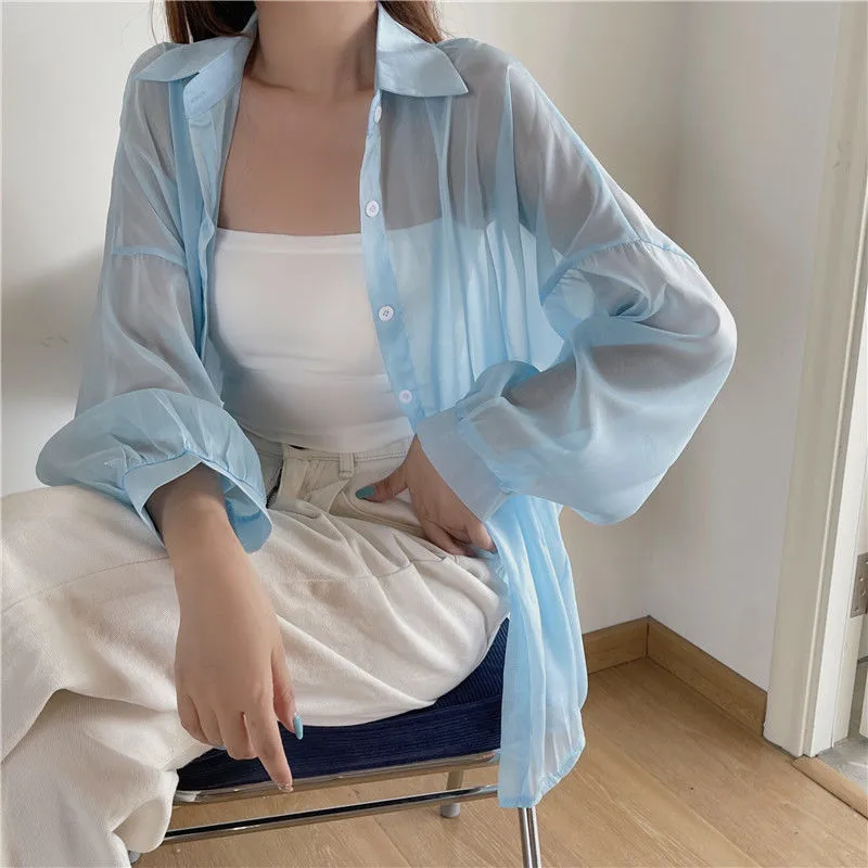 Good Quality Pearlescent Yarn Women's Summer Design Sense Thin Micro-transparent Long-sleeved Coat Sun-protective Shirt Loose Shirt display picture 15