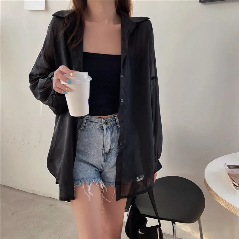 Good Quality Pearlescent Yarn Women's Summer Design Sense Thin Micro-transparent Long-sleeved Coat Sun-protective Shirt Loose Shirt display picture 16