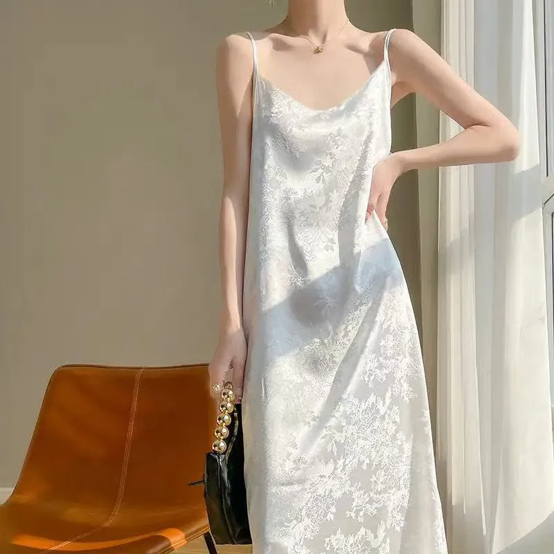 Satin Jacquard Suspender Dress  Summer New Slimming Look Knee-Length Mid-Length Skirt Chinese Style Suspender Skirt Trendy display picture 1