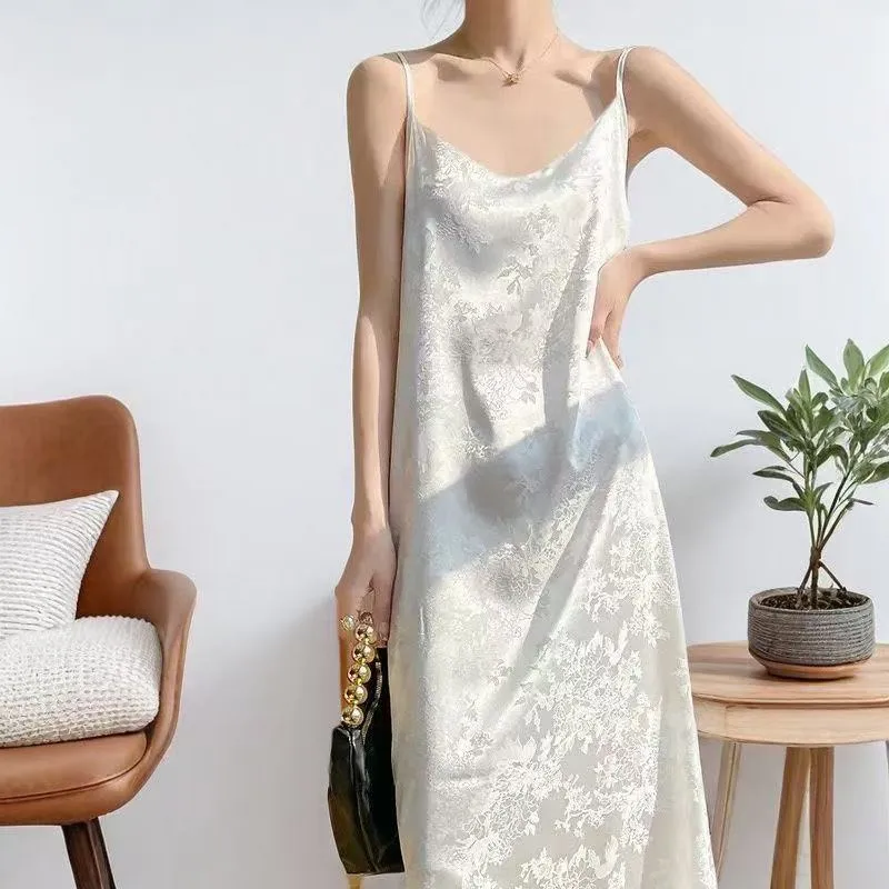 Satin Jacquard Suspender Dress  Summer New Slimming Look Knee-Length Mid-Length Skirt Chinese Style Suspender Skirt Trendy display picture 4