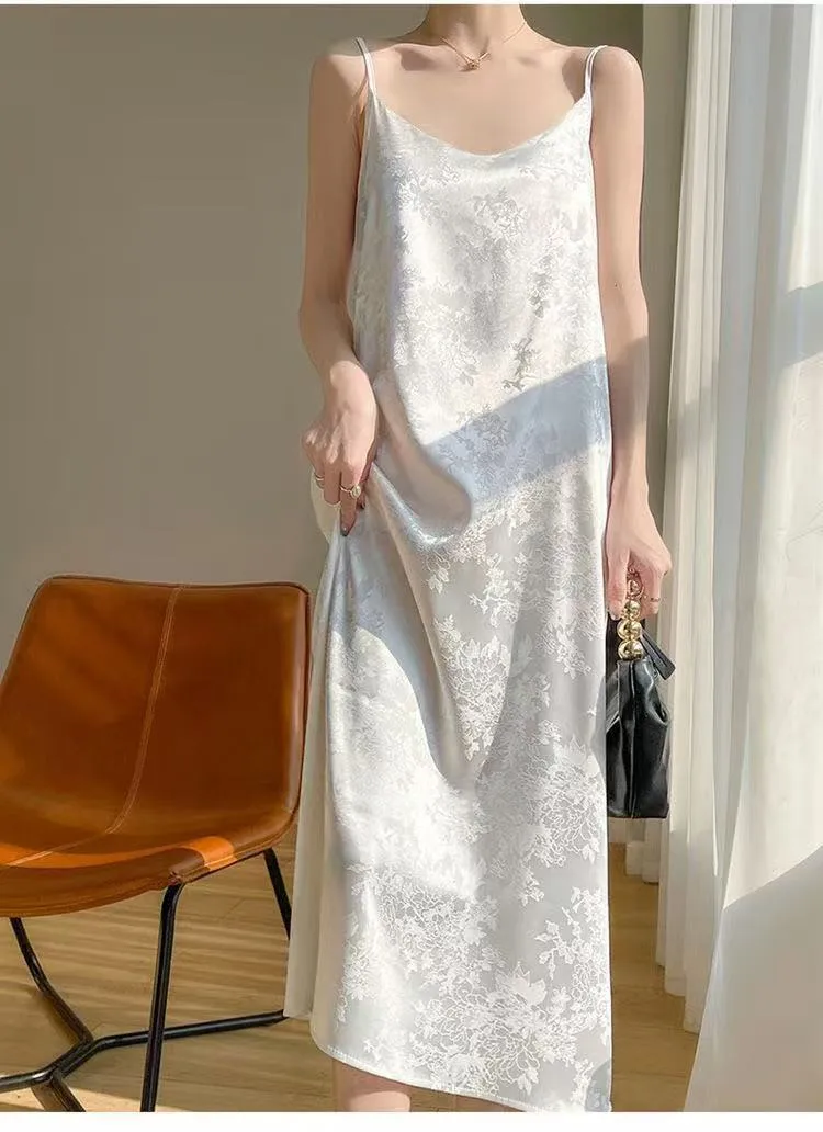 Satin Jacquard Suspender Dress  Summer New Slimming Look Knee-Length Mid-Length Skirt Chinese Style Suspender Skirt Trendy display picture 2