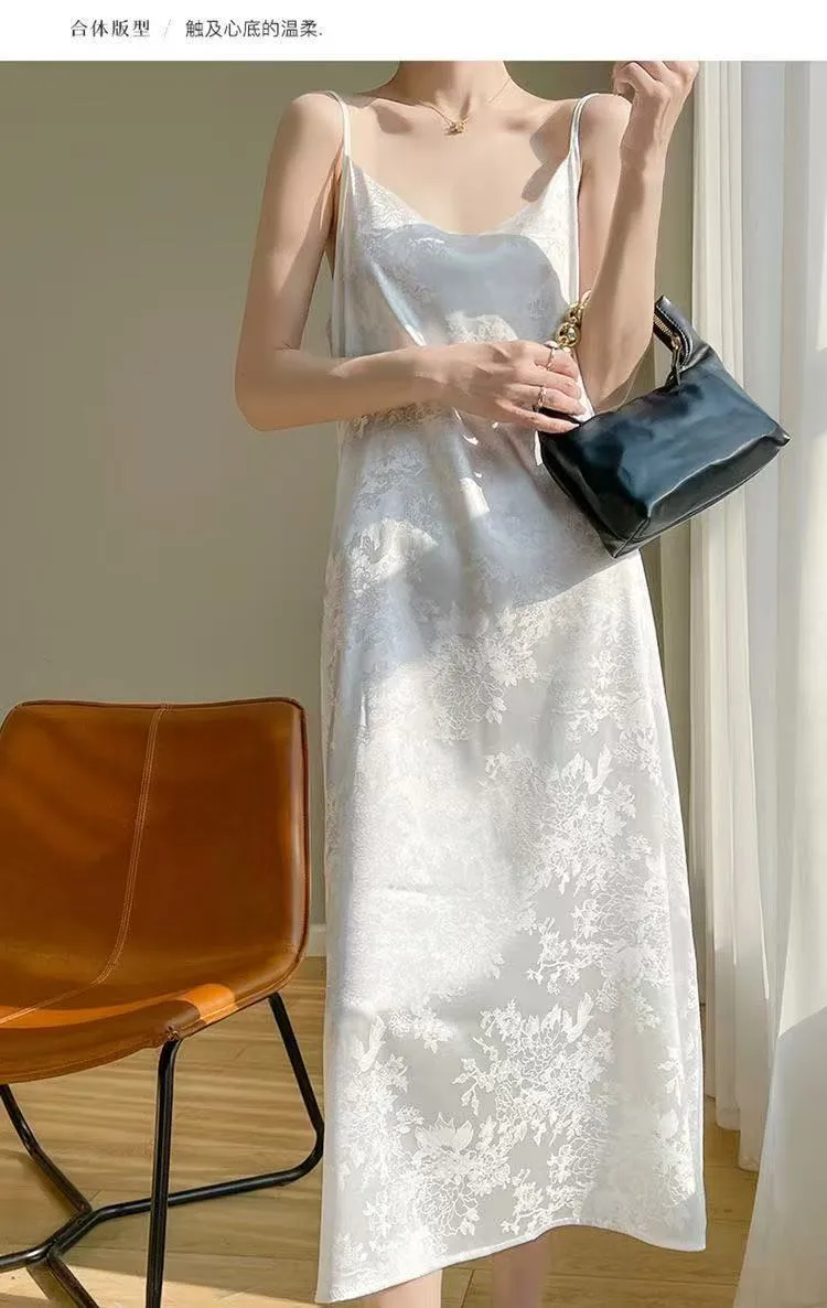 Satin Jacquard Suspender Dress  Summer New Slimming Look Knee-Length Mid-Length Skirt Chinese Style Suspender Skirt Trendy display picture 5