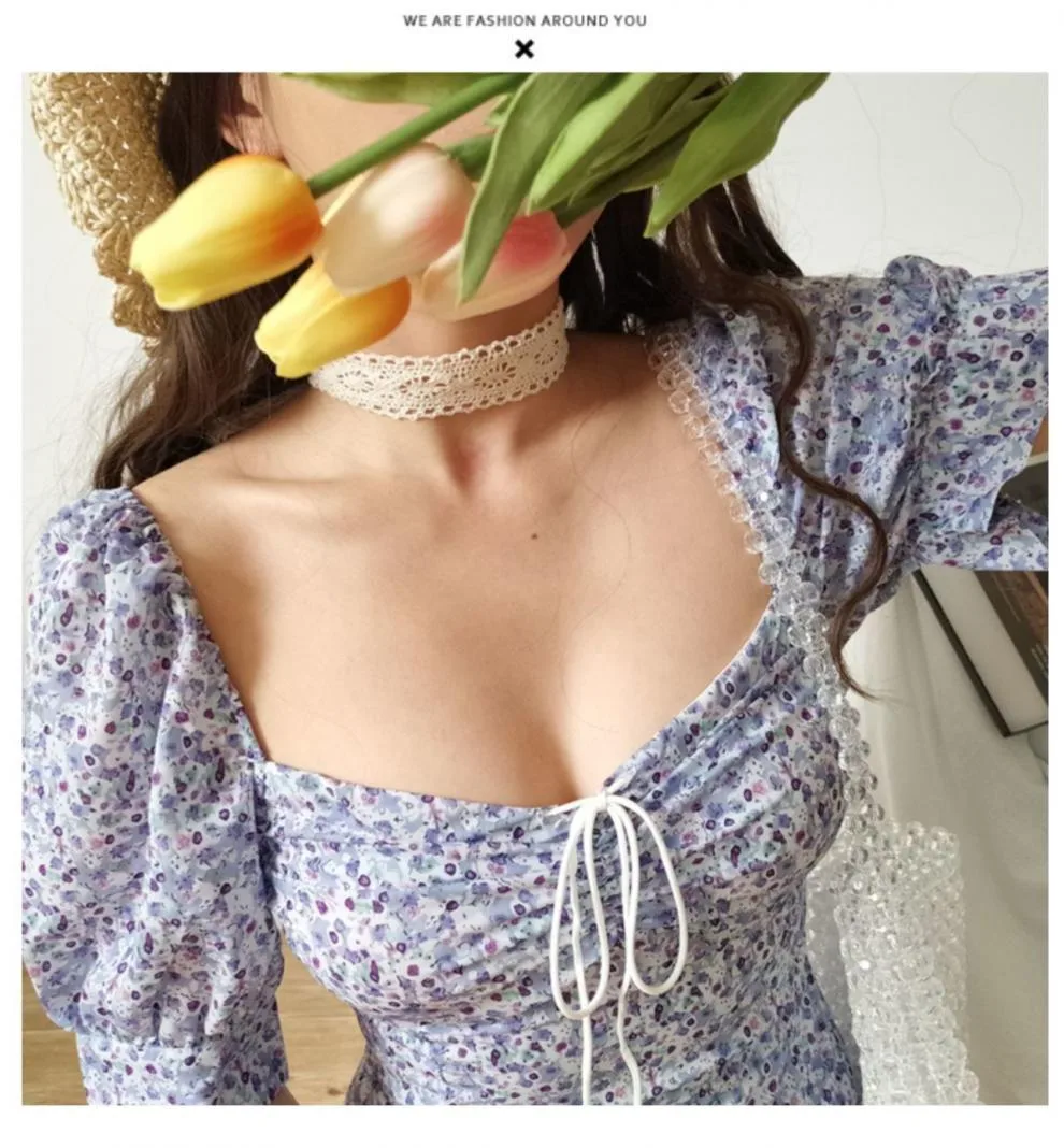 French  Dress Women's Summer New Style Floral Sleeves Showing Lace-Up Waist Elegant Bubble Short Skirt Retro display picture 2