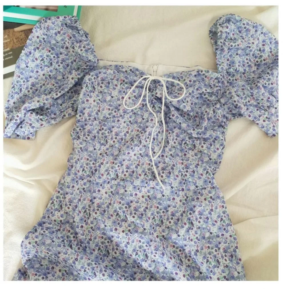 French  Dress Women's Summer New Style Floral Sleeves Showing Lace-Up Waist Elegant Bubble Short Skirt Retro display picture 3