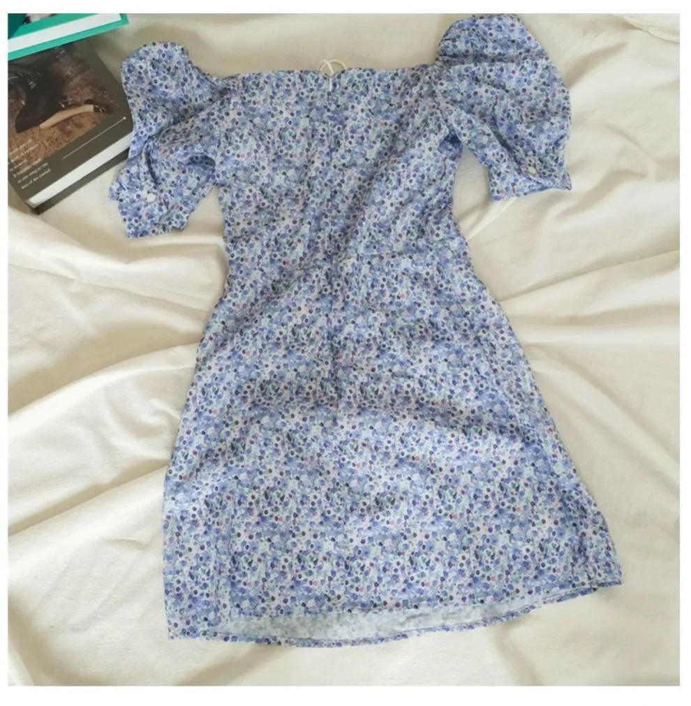French  Dress Women's Summer New Style Floral Sleeves Showing Lace-Up Waist Elegant Bubble Short Skirt Retro display picture 5