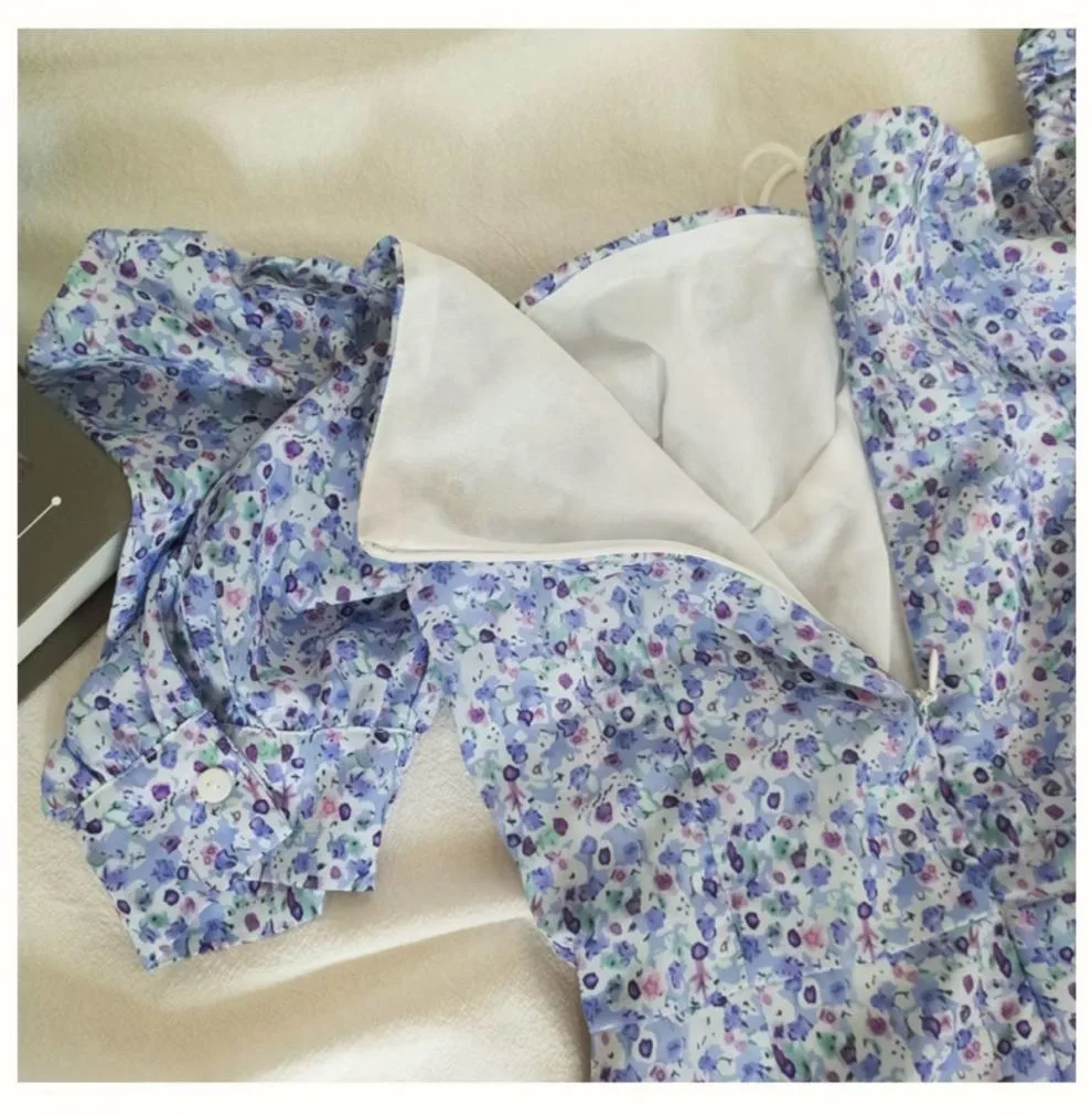 French  Dress Women's Summer New Style Floral Sleeves Showing Lace-Up Waist Elegant Bubble Short Skirt Retro display picture 8