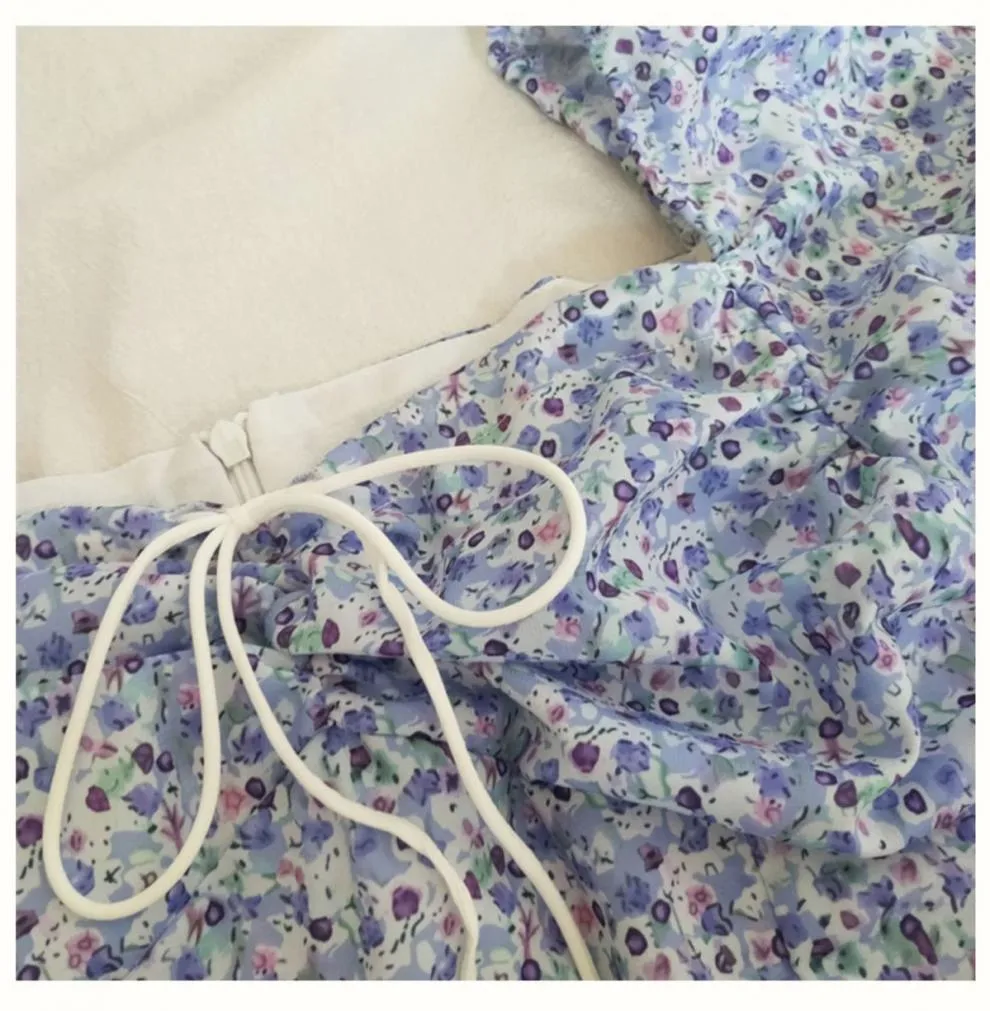 French  Dress Women's Summer New Style Floral Sleeves Showing Lace-Up Waist Elegant Bubble Short Skirt Retro display picture 9