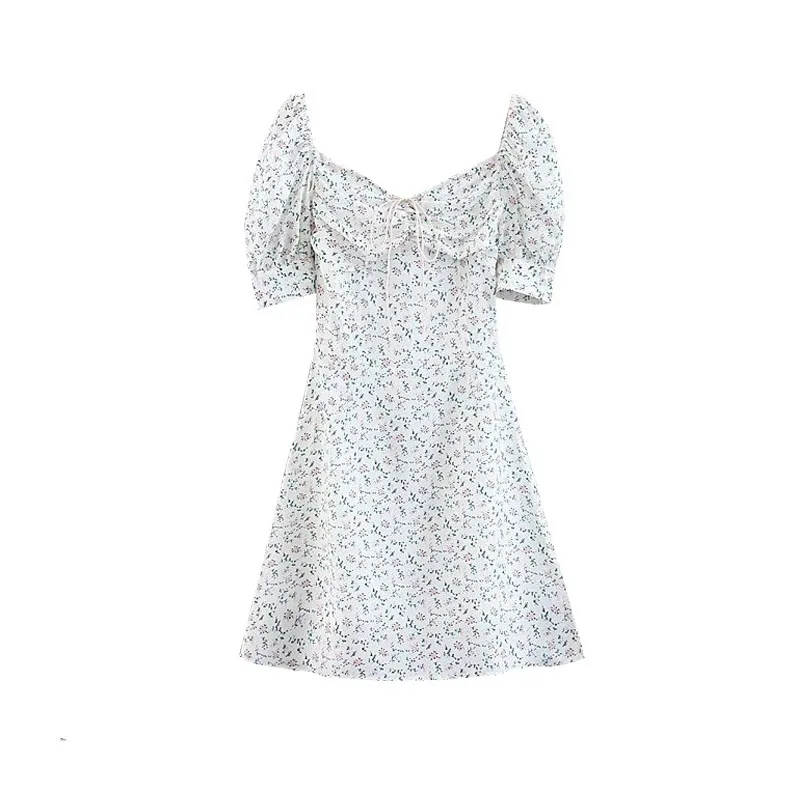 French  Dress Women's Summer New Style Floral Sleeves Showing Lace-Up Waist Elegant Bubble Short Skirt Retro display picture 10