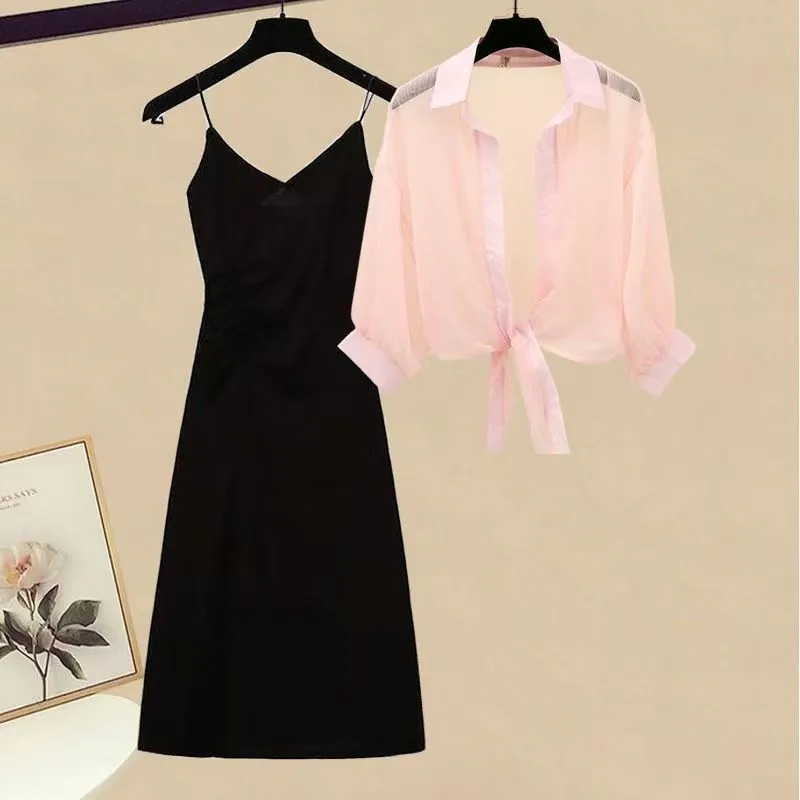 Plus Size Women's Clothing  New Summer Fat Slimming Suit Light Mature Style Chiffon Shirt Suspender Dress Two-Piece Set display picture 4