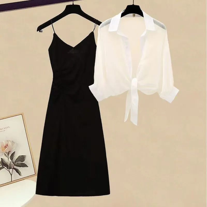 Plus Size Women's Clothing  New Summer Fat Slimming Suit Light Mature Style Chiffon Shirt Suspender Dress Two-Piece Set display picture 1