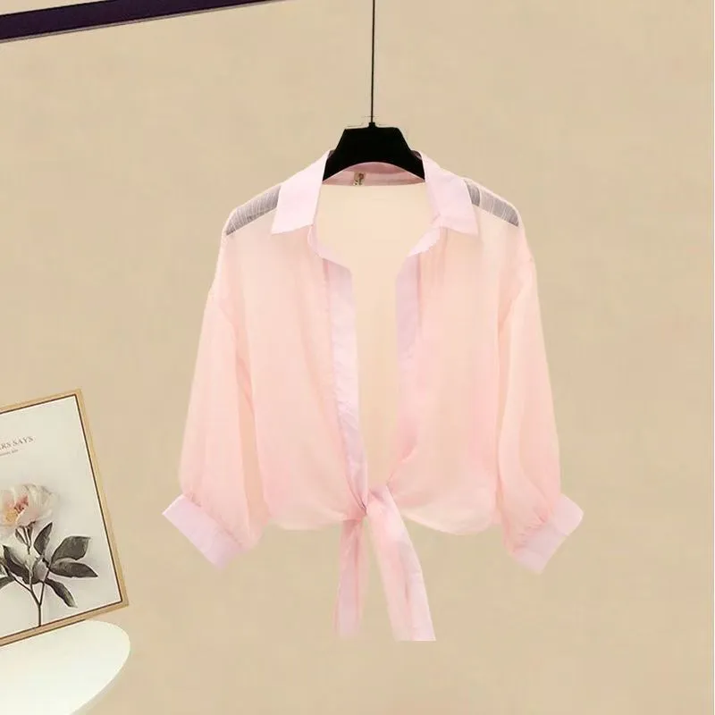 Plus Size Women's Clothing  New Summer Fat Slimming Suit Light Mature Style Chiffon Shirt Suspender Dress Two-Piece Set display picture 5