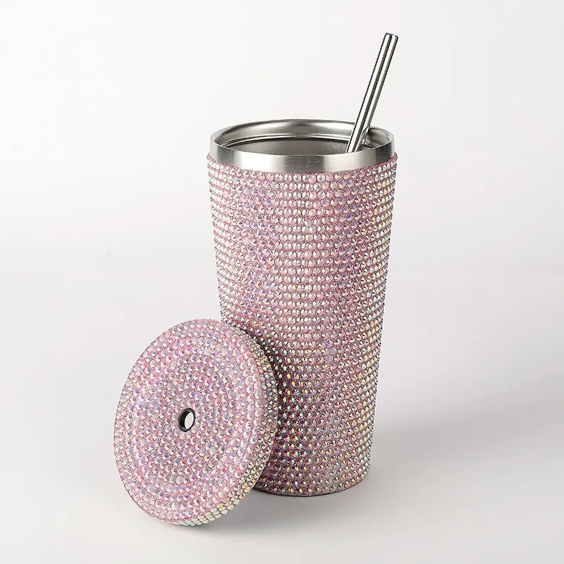 New Diamond-encrusted Insulated Water Cup Double-layer Diamond Tapered Straw Cup Beverage Cup Drinking Cup display picture 1