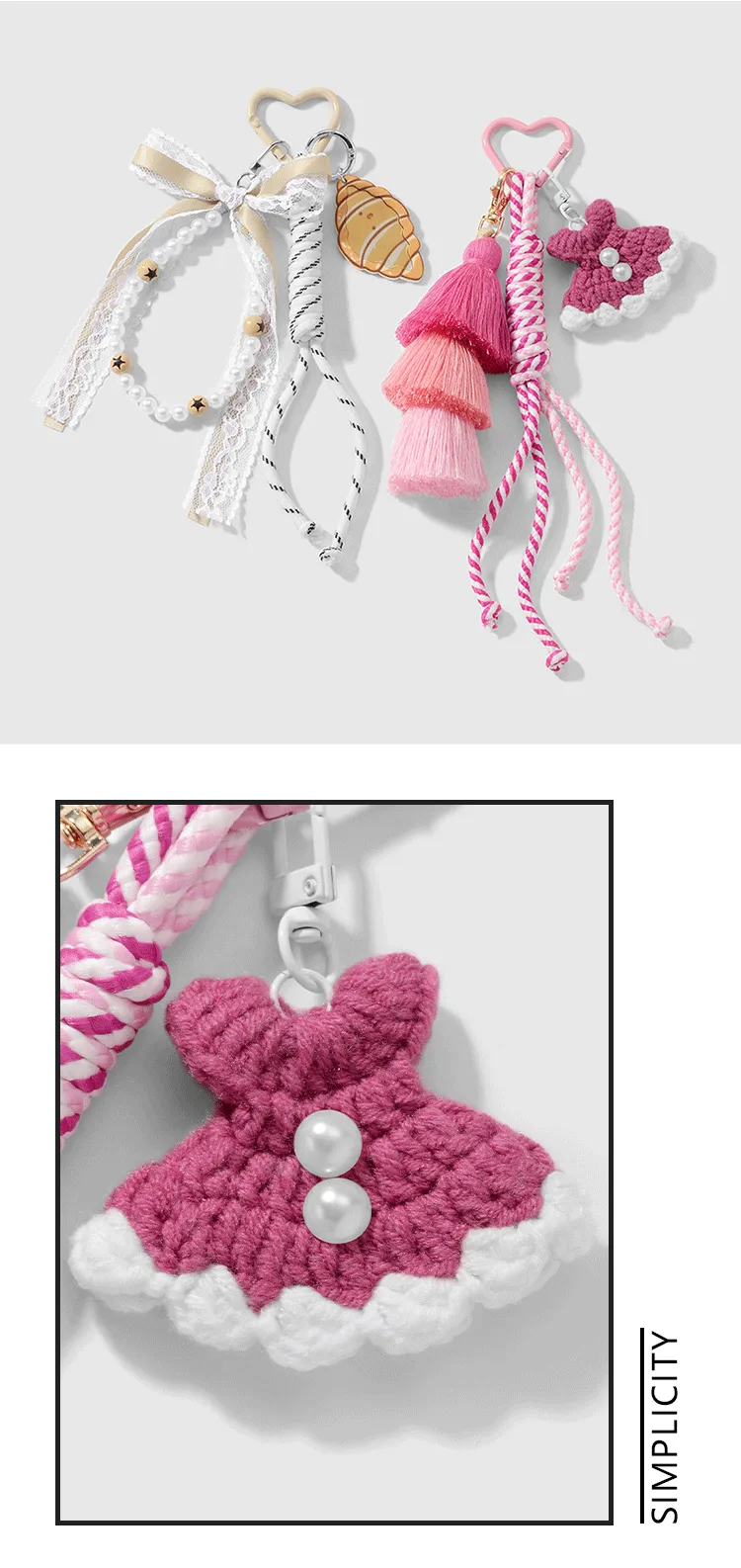 New Ins Exquisite Retro Sweet Tassel Crochet Small Skirt Acrylic Croissant Mirror DIY Keychain display picture 1