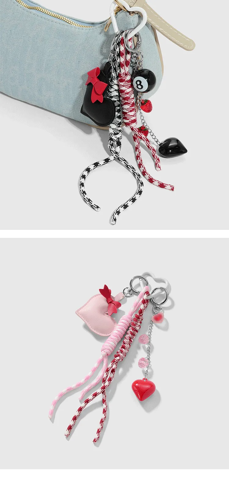 New Miu Style Sweet Stylish Couple Leather Heart Bow Black 8 Resin Strawberry DIY Keychain display picture 2