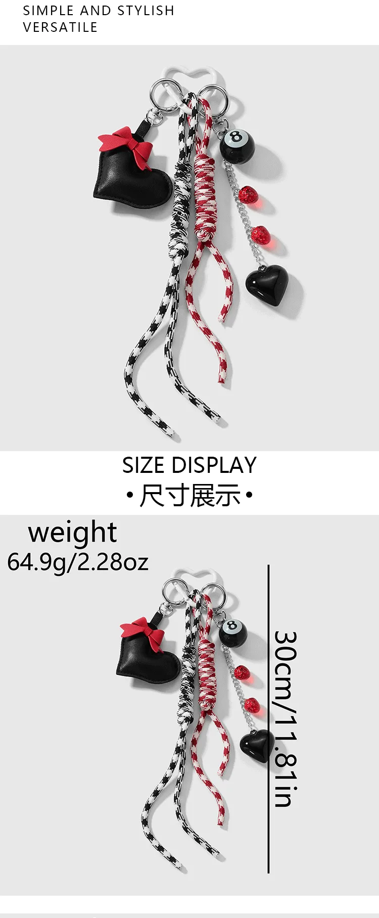 New Miu Style Sweet Stylish Couple Leather Heart Bow Black 8 Resin Strawberry DIY Keychain display picture 3