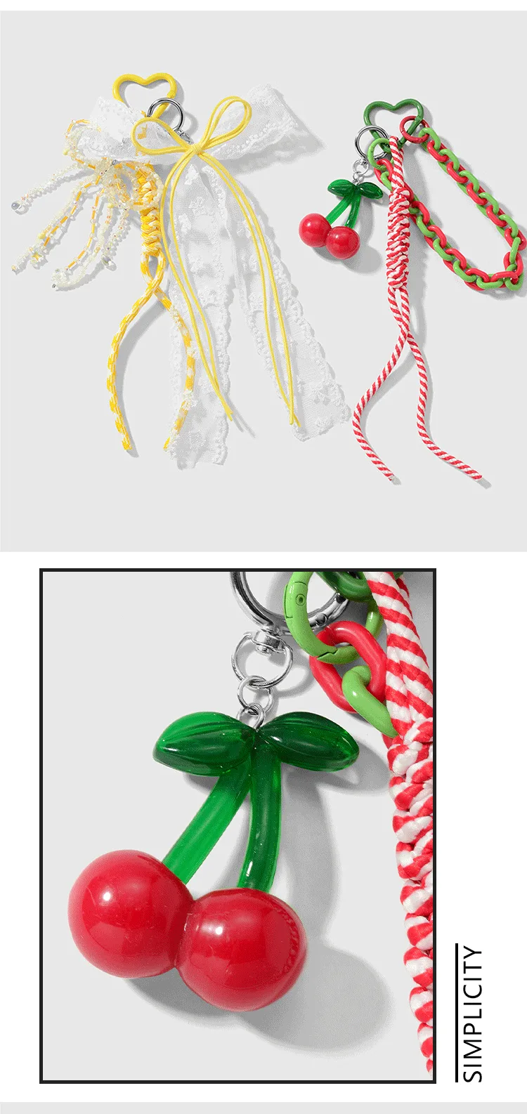 New Ins New Style Exquisite And Sweet Imitation Crystal Beaded Mesh Bow Acrylic Cherry DIY Keychain display picture 1
