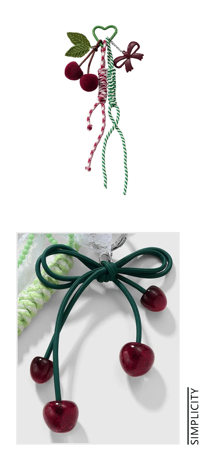 New Miu Style Fresh And Sweet High Color Value Beaded Bow Resin Fine Flash Suede Cherry DIY Keychain display picture 1