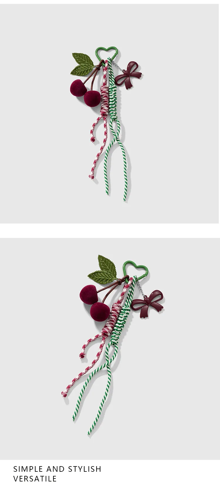New Miu Style Fresh And Sweet High Color Value Beaded Bow Resin Fine Flash Suede Cherry DIY Keychain display picture 2