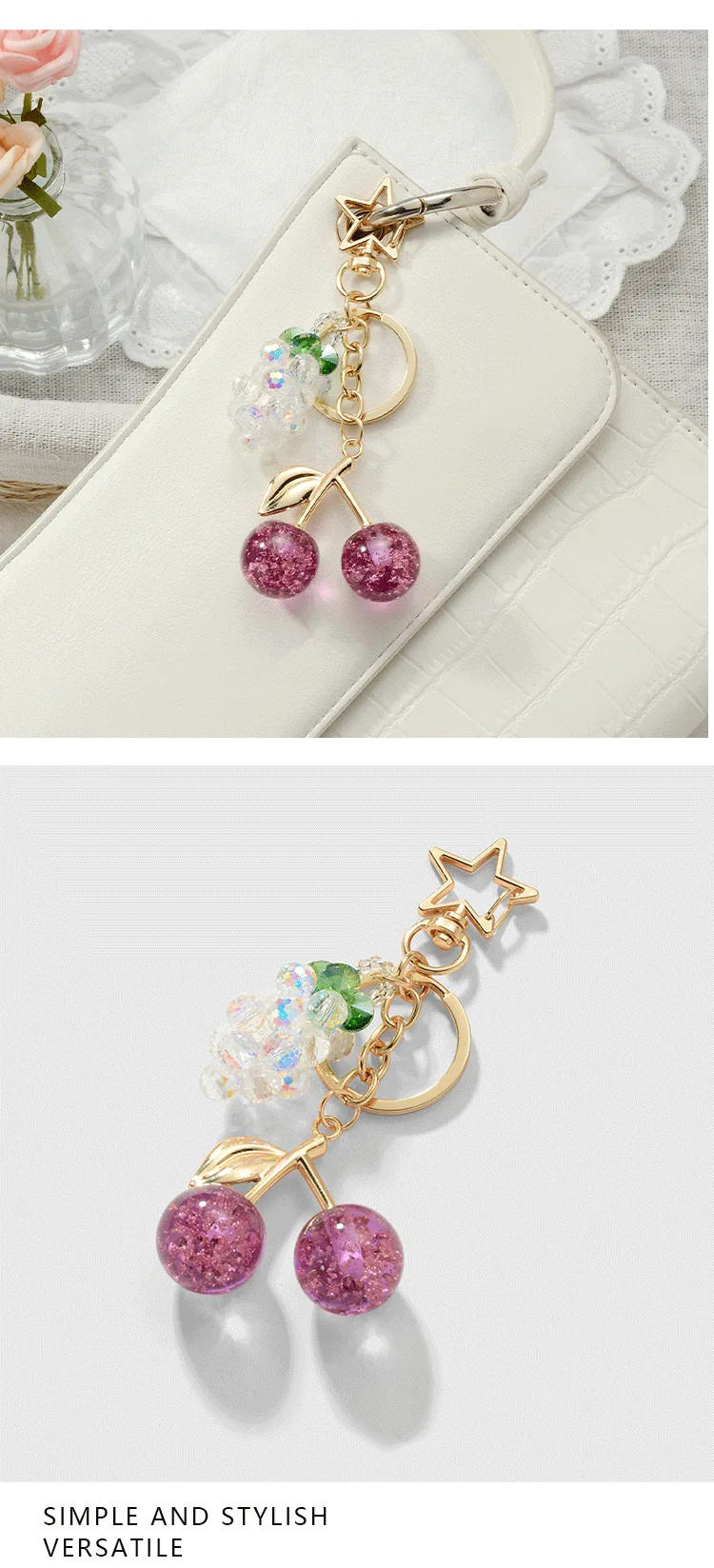 New Ins Exquisite Accessible Luxury High-End Imitation Crystal Grape Fine Glitter Resin Cherry DIY Keychain Bag Pendant display picture 2