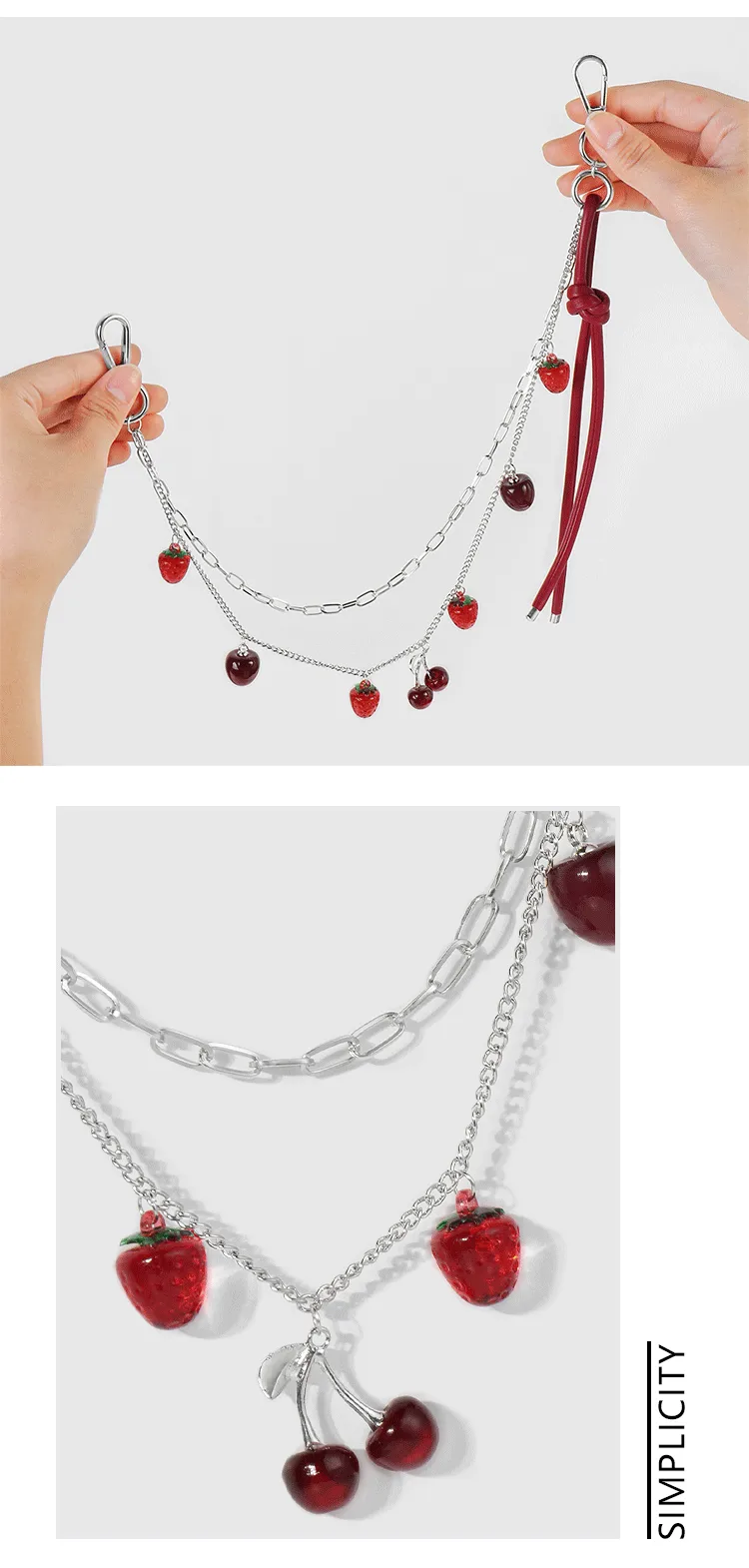 Explosions Y2K Sweet Cool Trend Silver Chain Red Simulation Pepper Cherry Strawberry Leather Pant Chain Pendant display picture 1