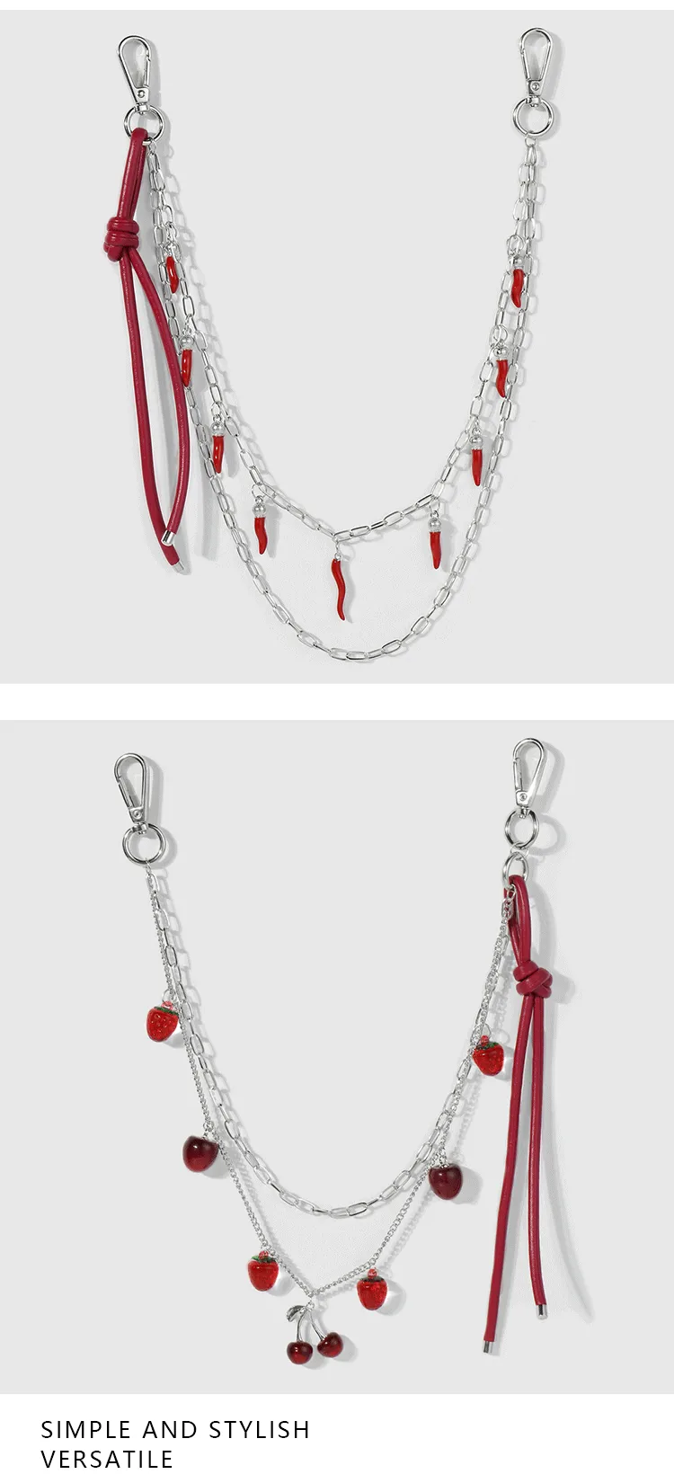 Explosions Y2K Sweet Cool Trend Silver Chain Red Simulation Pepper Cherry Strawberry Leather Pant Chain Pendant display picture 2