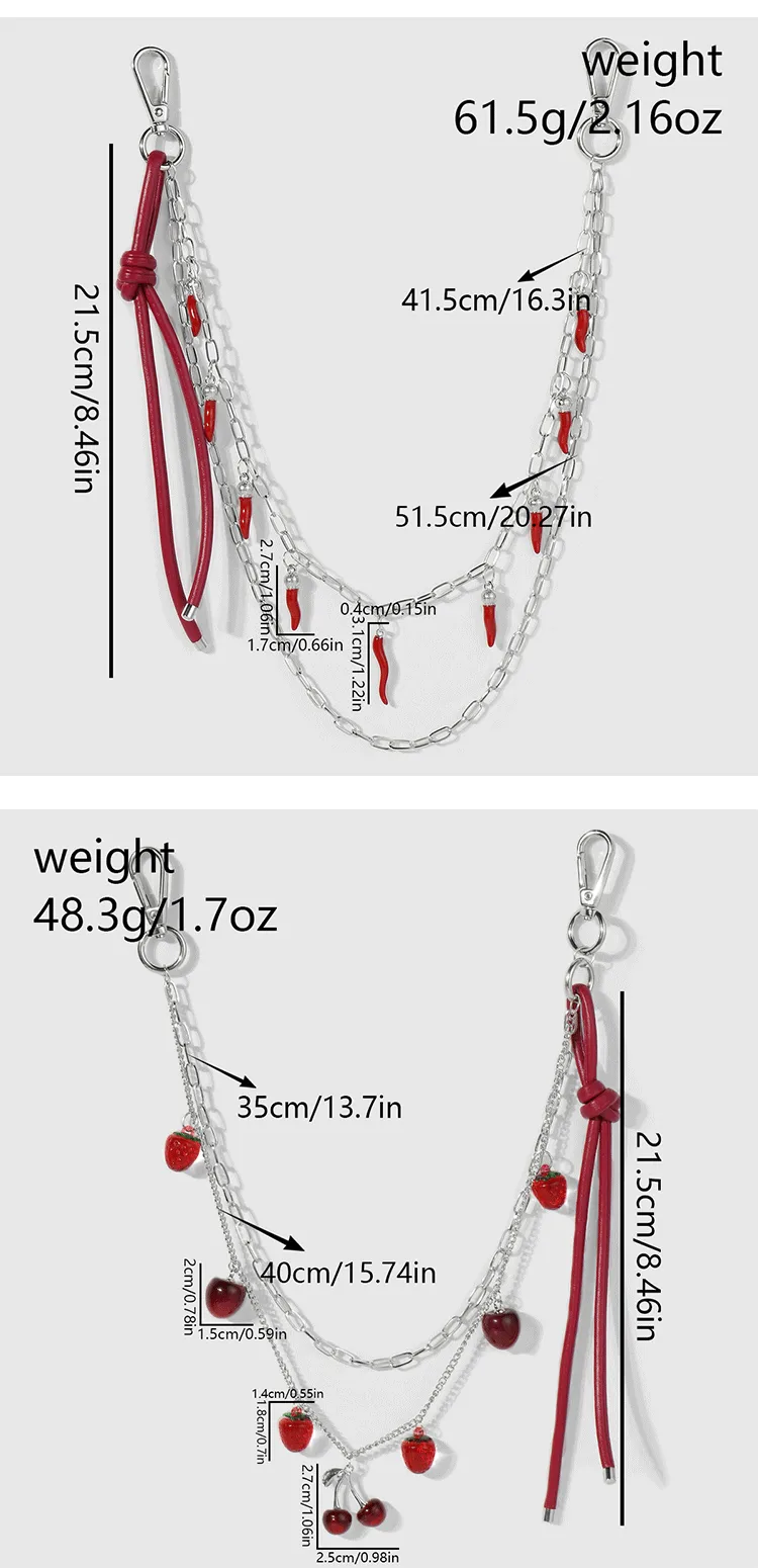 Explosions Y2K Sweet Cool Trend Silver Chain Red Simulation Pepper Cherry Strawberry Leather Pant Chain Pendant display picture 3