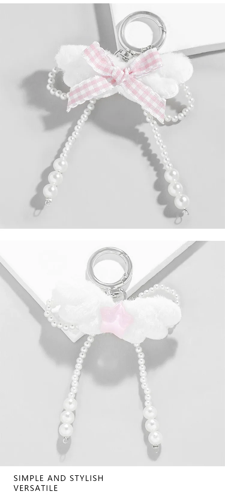 Explosions New Style Simple White Imitation Pearl Angel Wings Pink Fine Flash Bow Star Keychain display picture 2