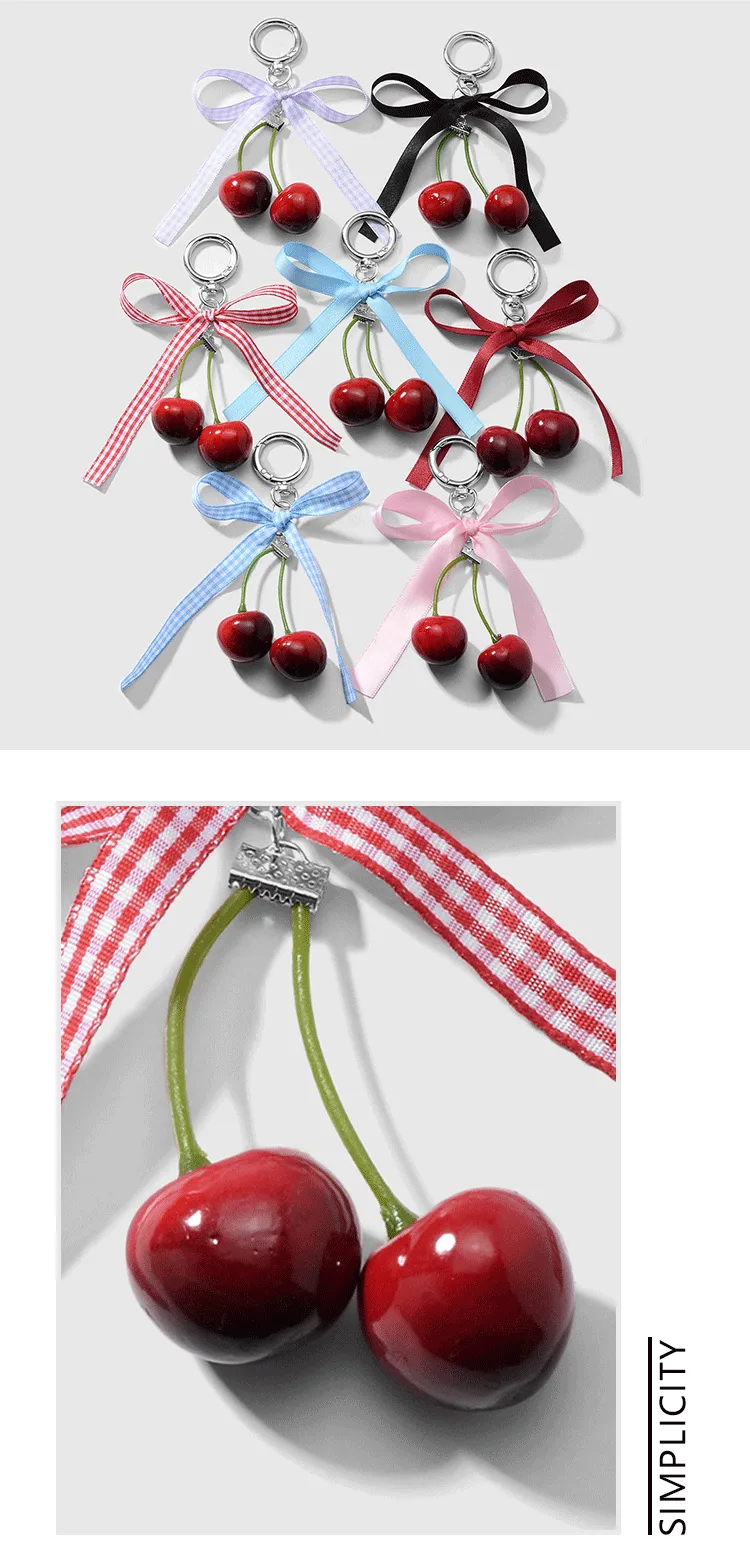 Spring New Ins New Style Sweet Fashion Classic Solid Color Bow Simulation Cherry Keychain Bag Pendant display picture 1