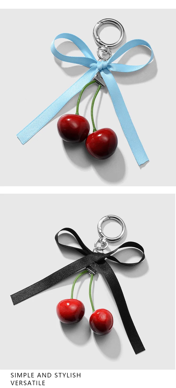 Spring New Ins New Style Sweet Fashion Classic Solid Color Bow Simulation Cherry Keychain Bag Pendant display picture 2