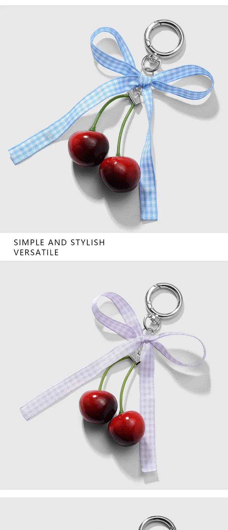 Spring New Ins New Style Sweet Fashion Classic Solid Color Bow Simulation Cherry Keychain Bag Pendant display picture 3