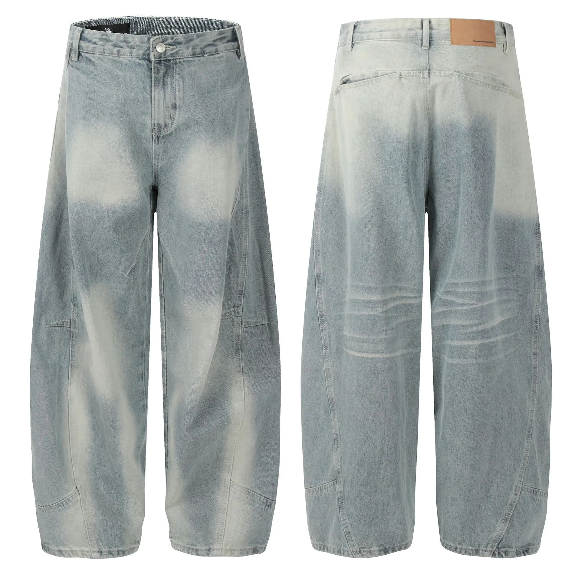 Jiayi Library Men's  New American High Street Curved Scimitar Washed Jeans Men's And Women's Vibe Wide Leg Pants display picture 2