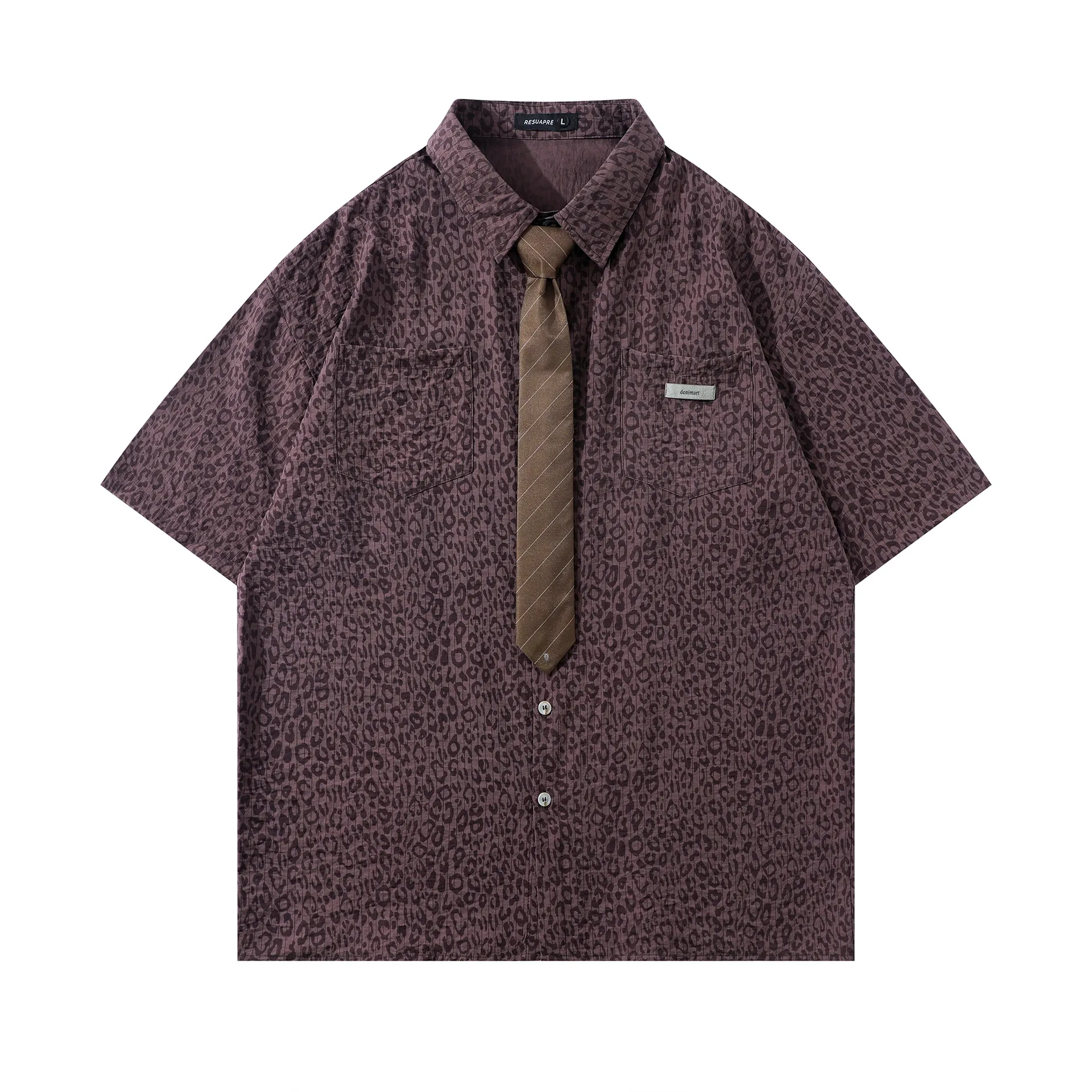 Jiayiku Men's  New American Style Campus Style Retro Fashion Brand Leopard Print Tie Shirt Short Sleeve For Men And Women display picture 5