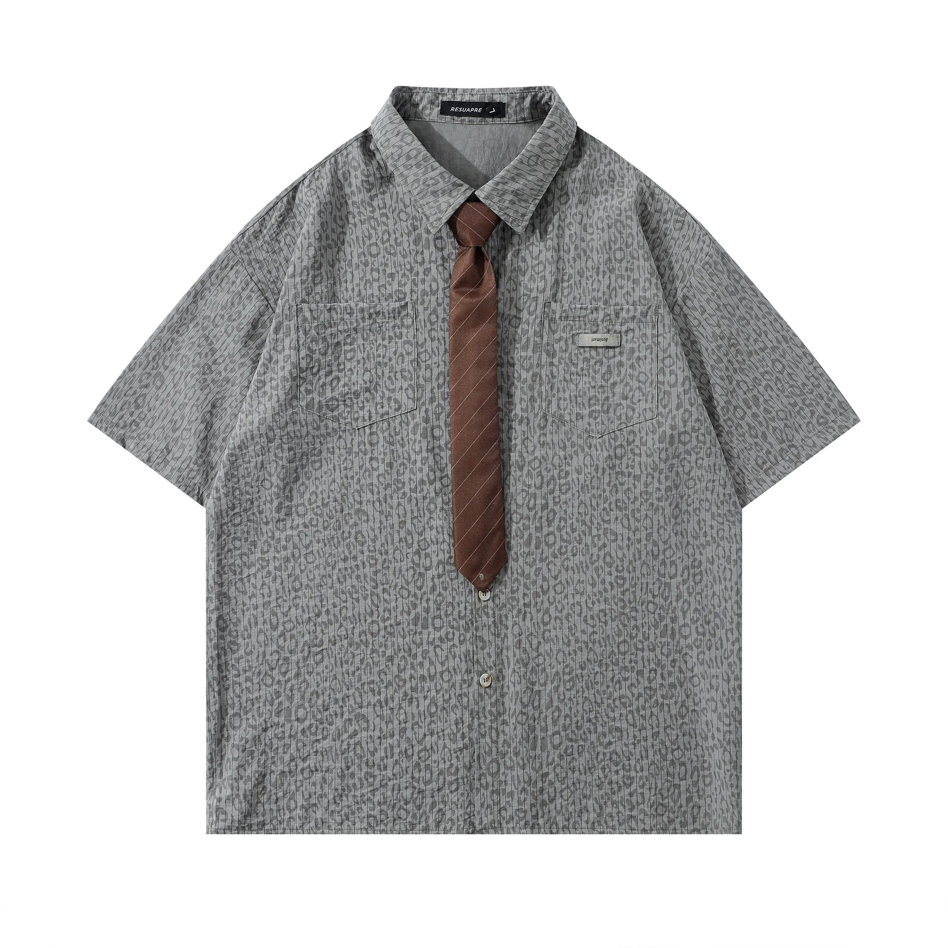 Jiayiku Men's  New American Style Campus Style Retro Fashion Brand Leopard Print Tie Shirt Short Sleeve For Men And Women display picture 7