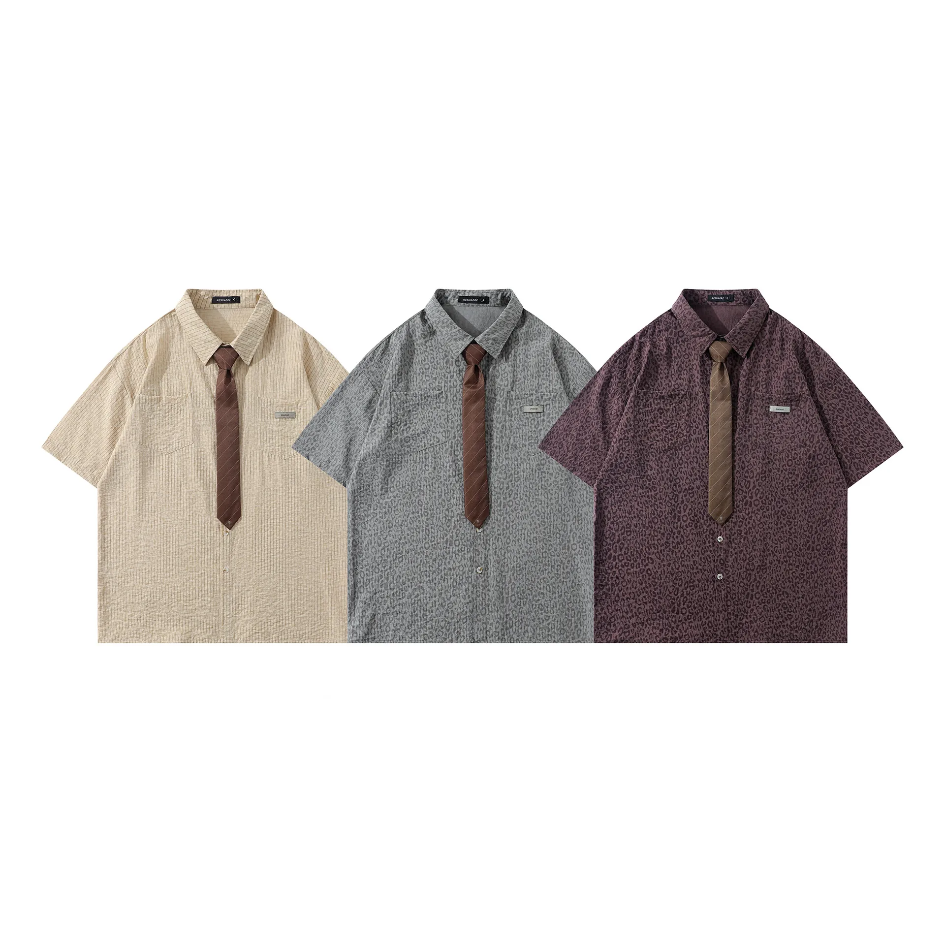 Jiayiku Men's  New American Style Campus Style Retro Fashion Brand Leopard Print Tie Shirt Short Sleeve For Men And Women display picture 2
