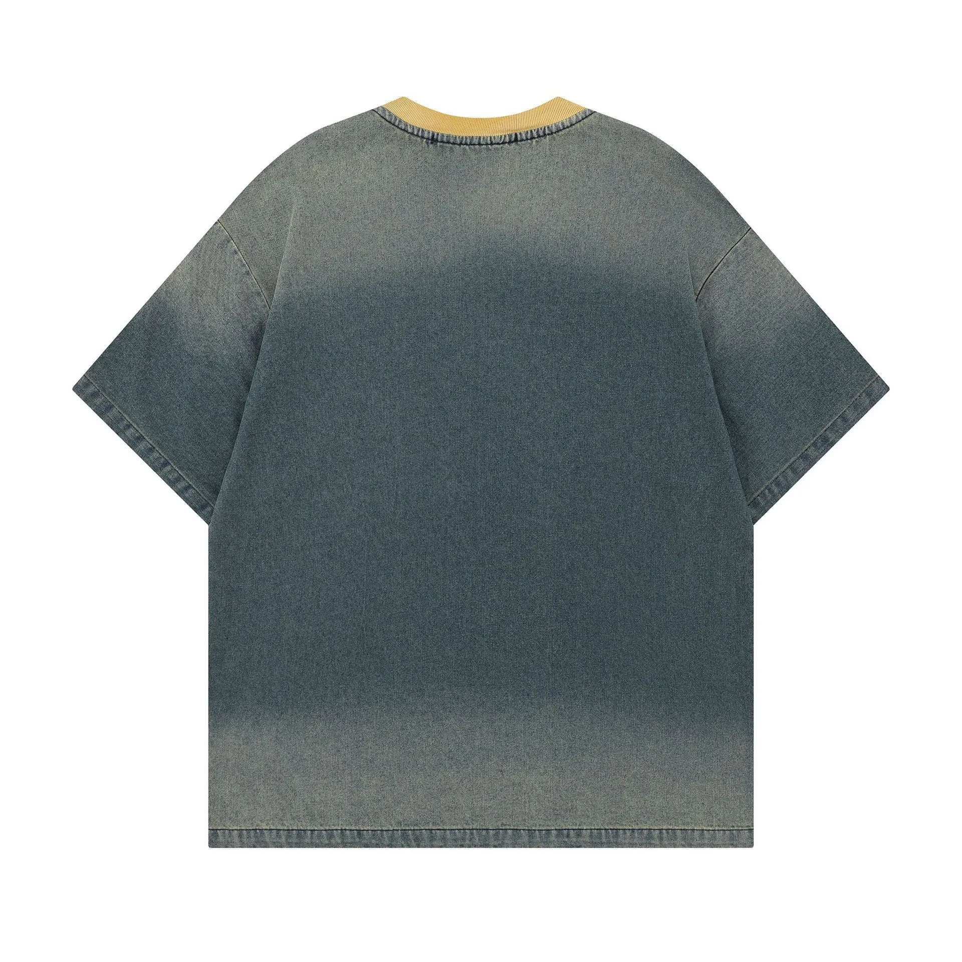 Jiayiku Men's  Summer American Retro Trendy Brand Embroidered Tee Hanging Dye Washed Denim Short-sleeved T-shirt For Men And Women display picture 7