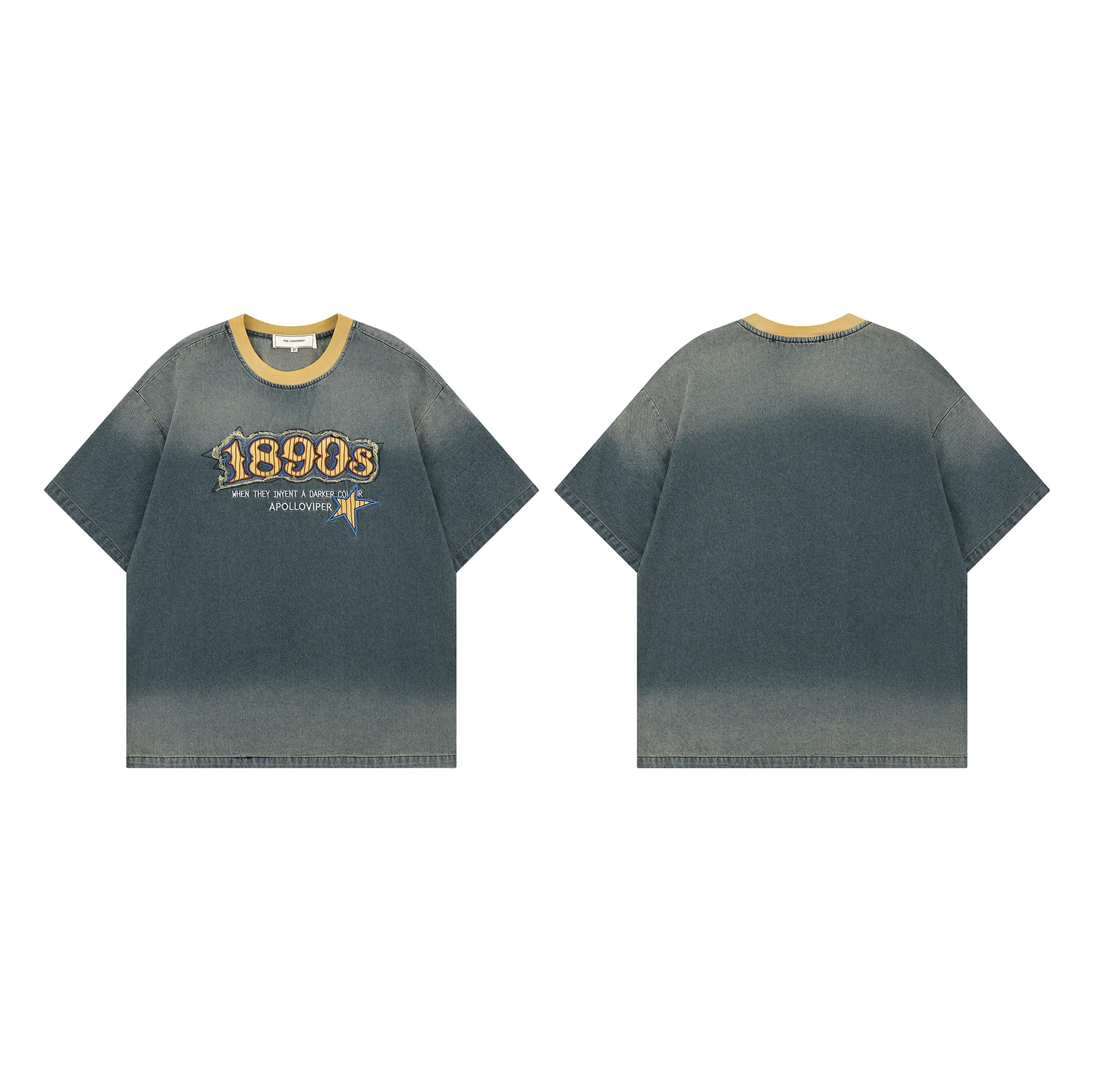 Jiayiku Men's  Summer American Retro Trendy Brand Embroidered Tee Hanging Dye Washed Denim Short-sleeved T-shirt For Men And Women display picture 2