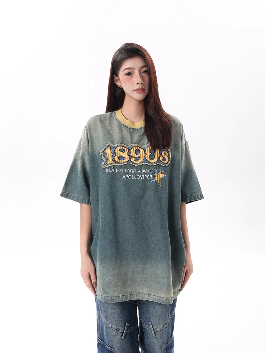 Jiayiku Men's  Summer American Retro Trendy Brand Embroidered Tee Hanging Dye Washed Denim Short-sleeved T-shirt For Men And Women display picture 3