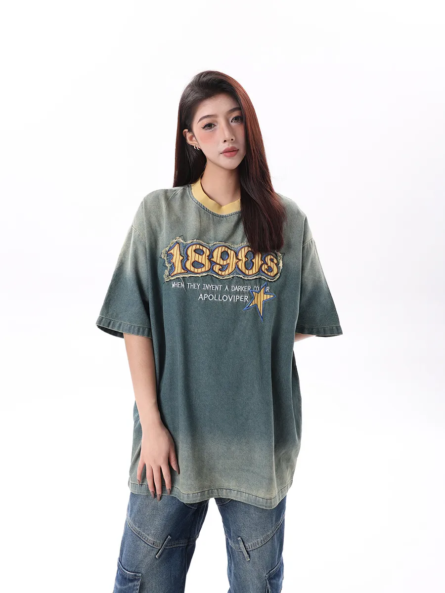 Jiayiku Men's  Summer American Retro Trendy Brand Embroidered Tee Hanging Dye Washed Denim Short-sleeved T-shirt For Men And Women display picture 4