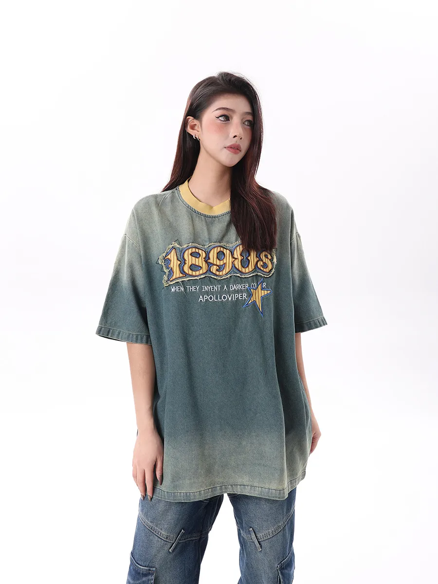 Jiayiku Men's  Summer American Retro Trendy Brand Embroidered Tee Hanging Dye Washed Denim Short-sleeved T-shirt For Men And Women display picture 5