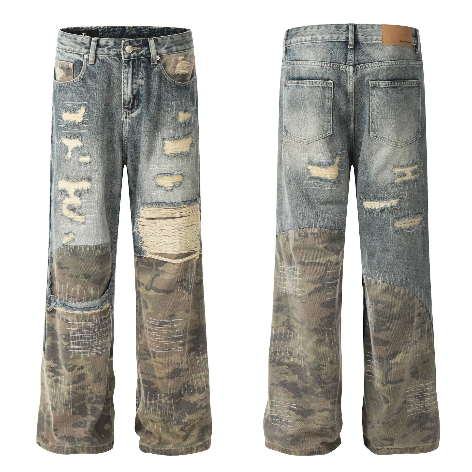 Jiayiku Tide Brand  New  High Street Vibe Camouflage Stitching Jeans Straight RO Tide Loose Pants display picture 2
