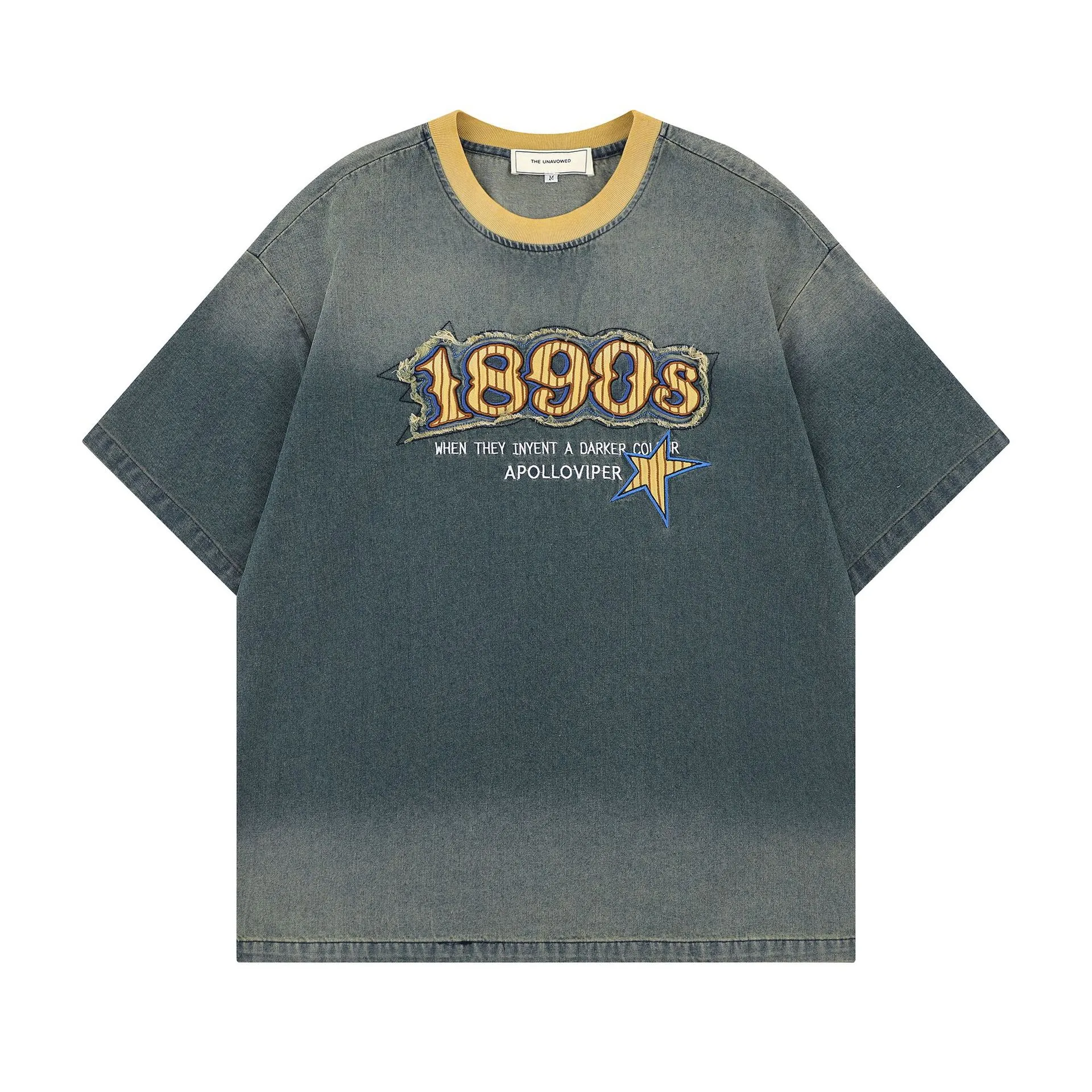 Jiayiku Men's  Summer American Retro Trendy Brand Embroidered Tee Hanging Dye Washed Denim Short-sleeved T-shirt For Men And Women display picture 6