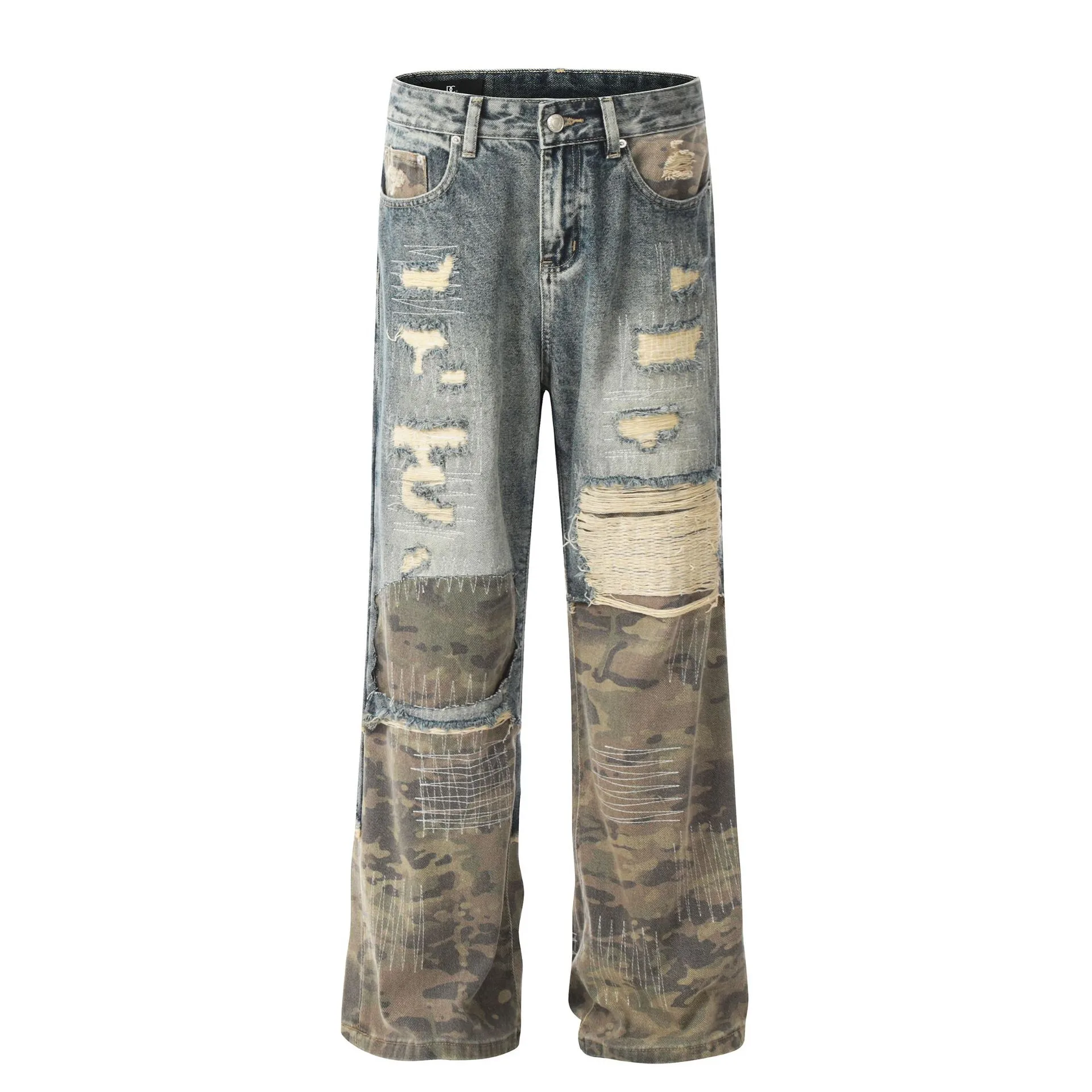 Jiayiku Tide Brand  New  High Street Vibe Camouflage Stitching Jeans Straight RO Tide Loose Pants display picture 3