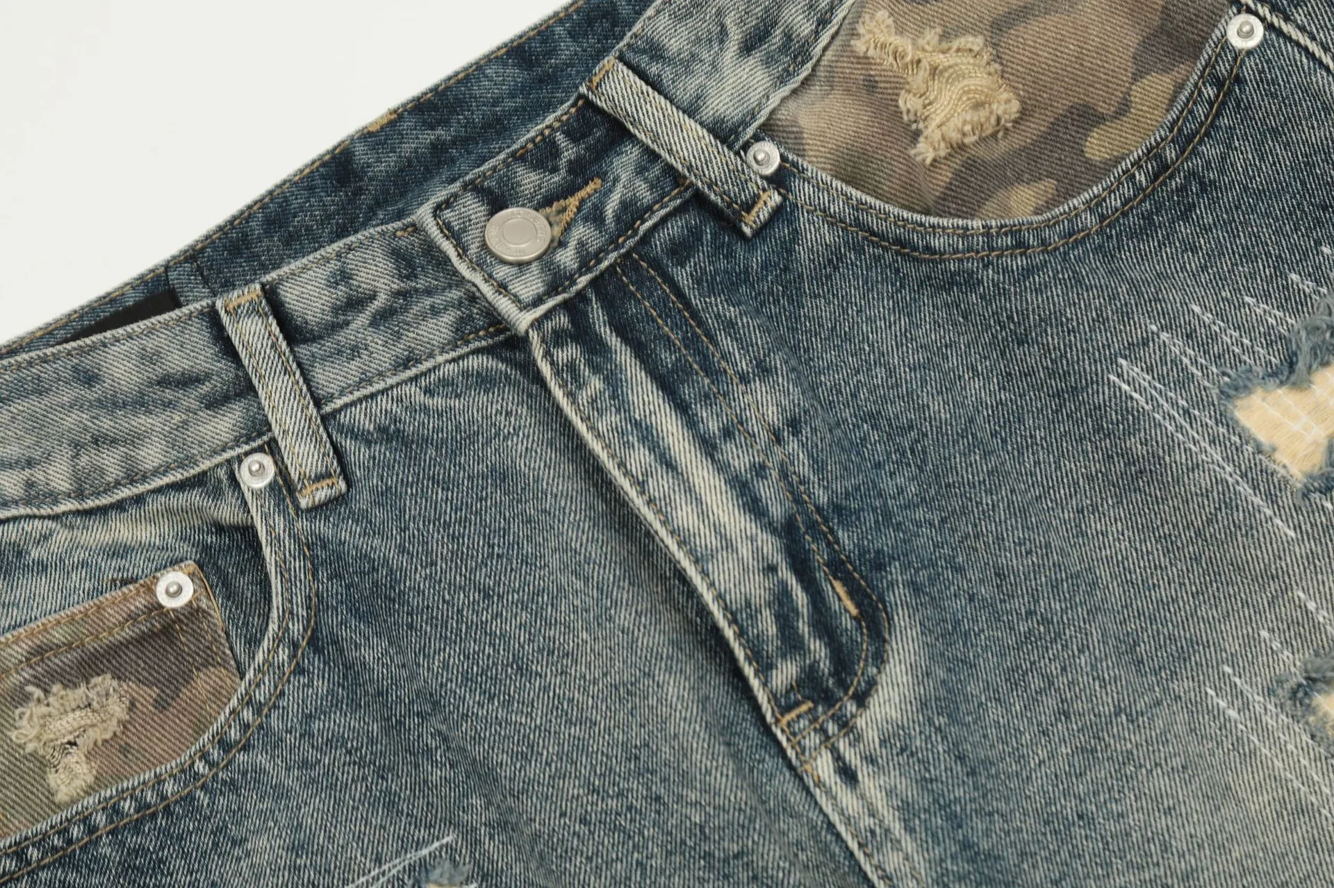 Jiayiku Tide Brand  New  High Street Vibe Camouflage Stitching Jeans Straight RO Tide Loose Pants display picture 6