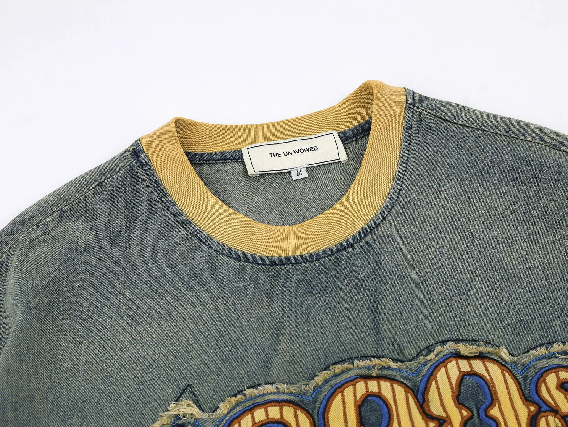 Jiayiku Men's  Summer American Retro Trendy Brand Embroidered Tee Hanging Dye Washed Denim Short-sleeved T-shirt For Men And Women display picture 10