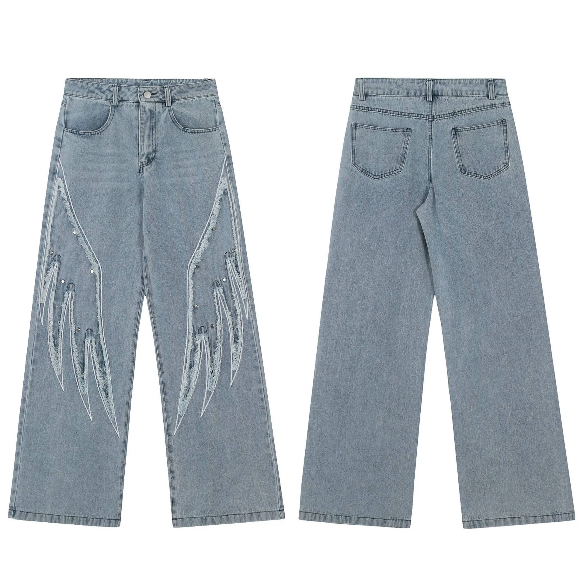 Jiayiku Tide Brand  Spring American Retro Patch Washed Jeans Straight Cleanfit Pants display picture 2